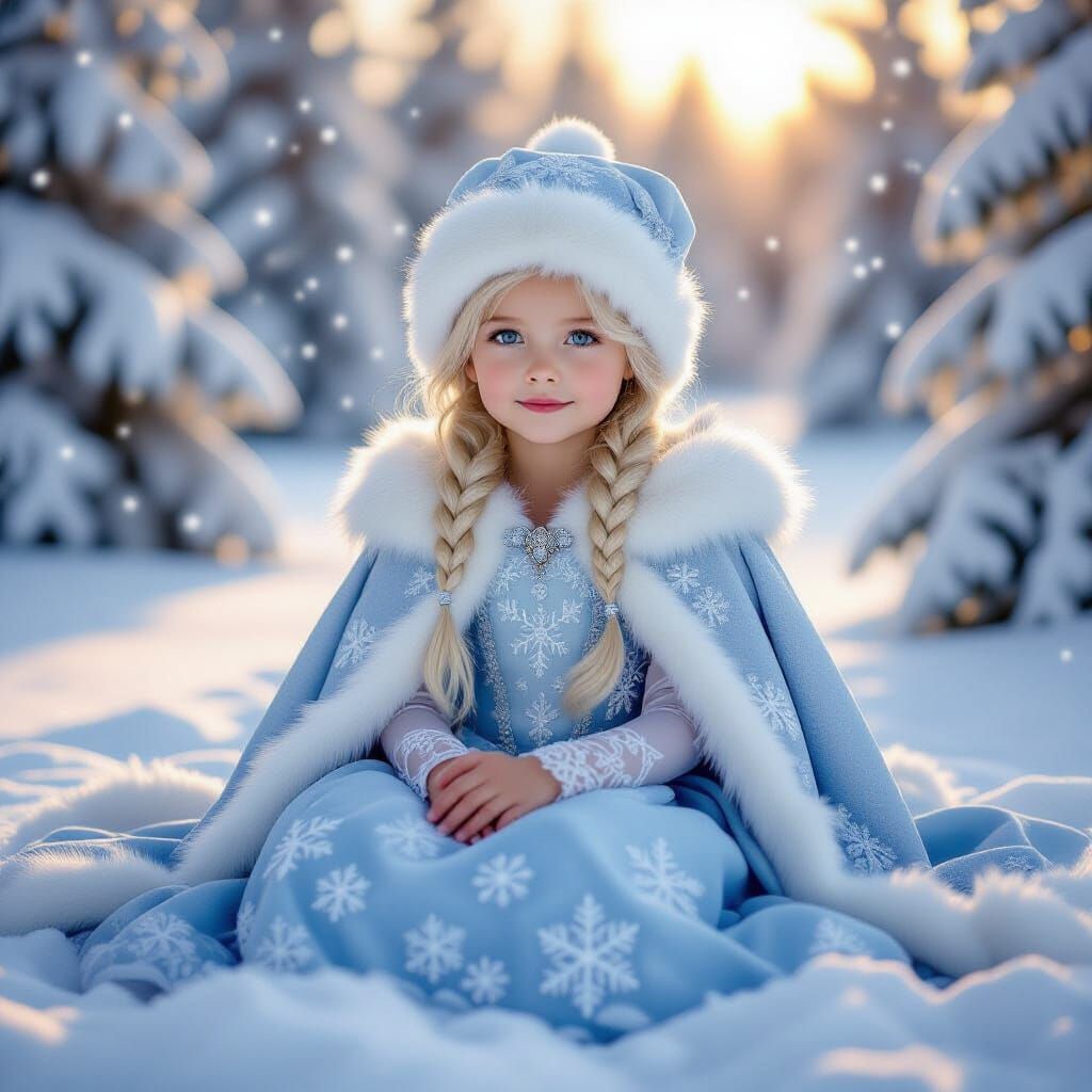 Girl in Blue Gown on Snowy Ground in Ethereal Sunset