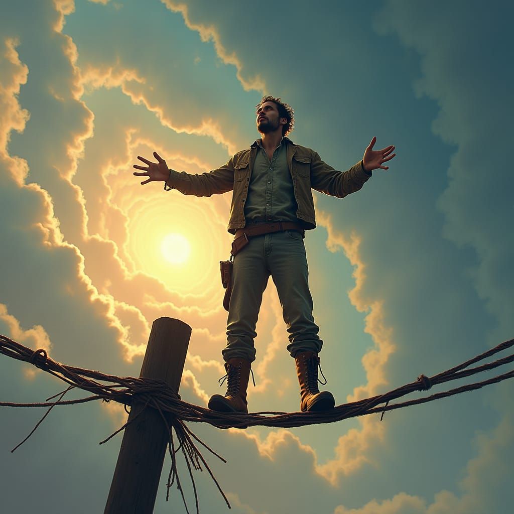 Bewildered Man on Electric Cable Gazing at Sky