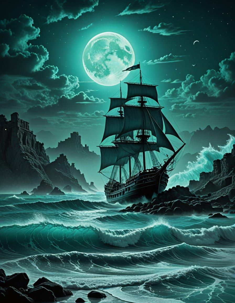 Turquoise Double Exposure: Sailing Ship Under Moonlight