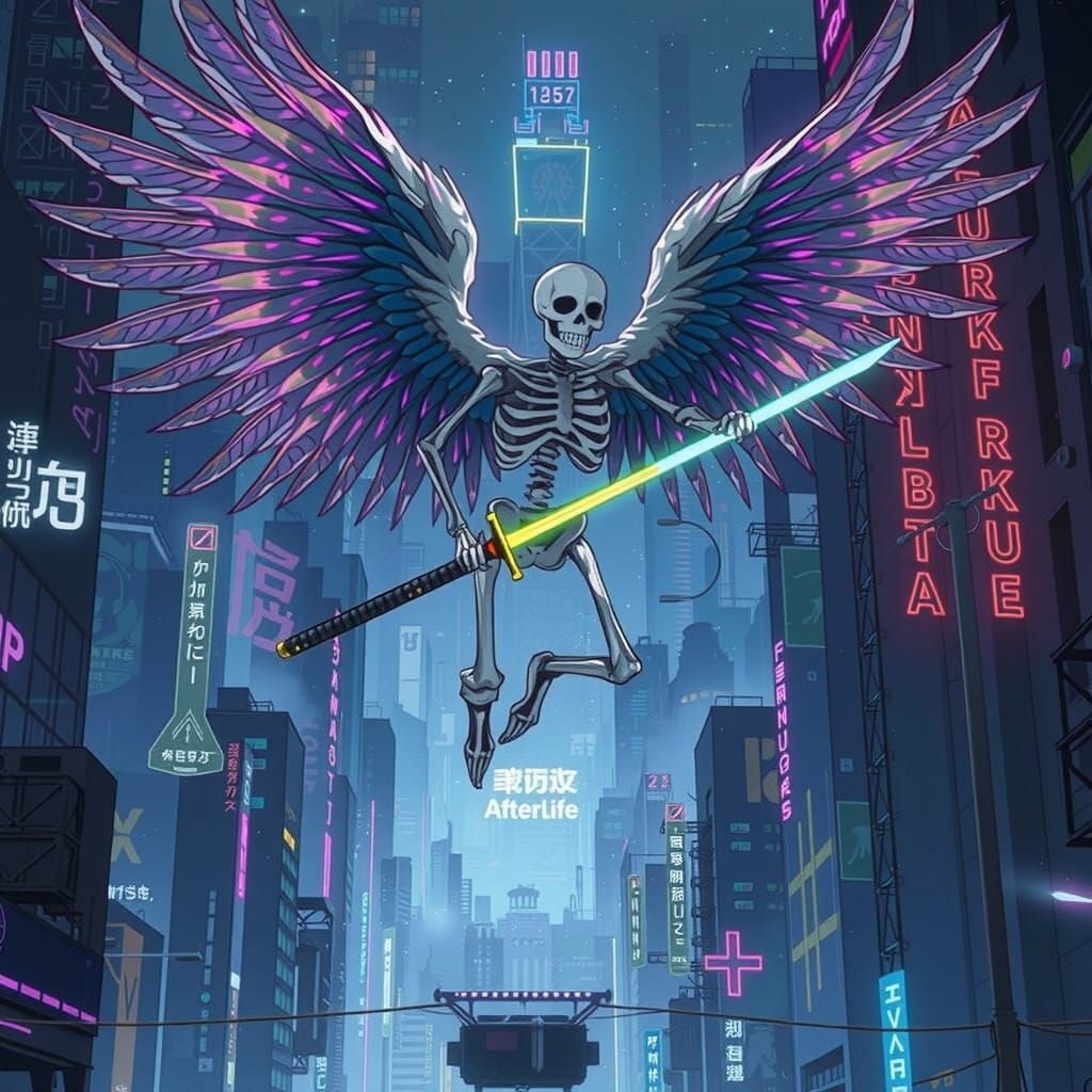 Cyberpunk Angel Soaring Through Neon Cityscape