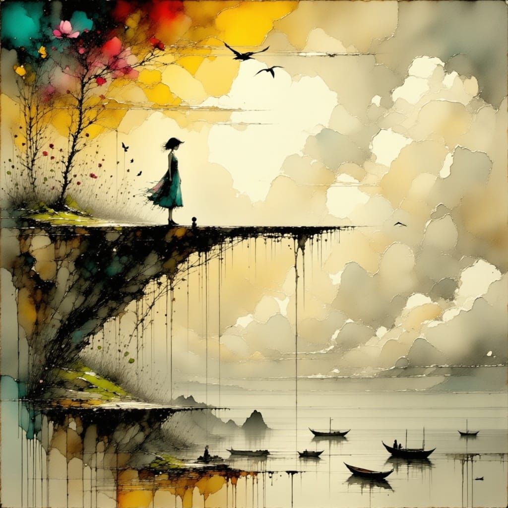 Dreamy Surrealist Woman on Diving Board in Clouds