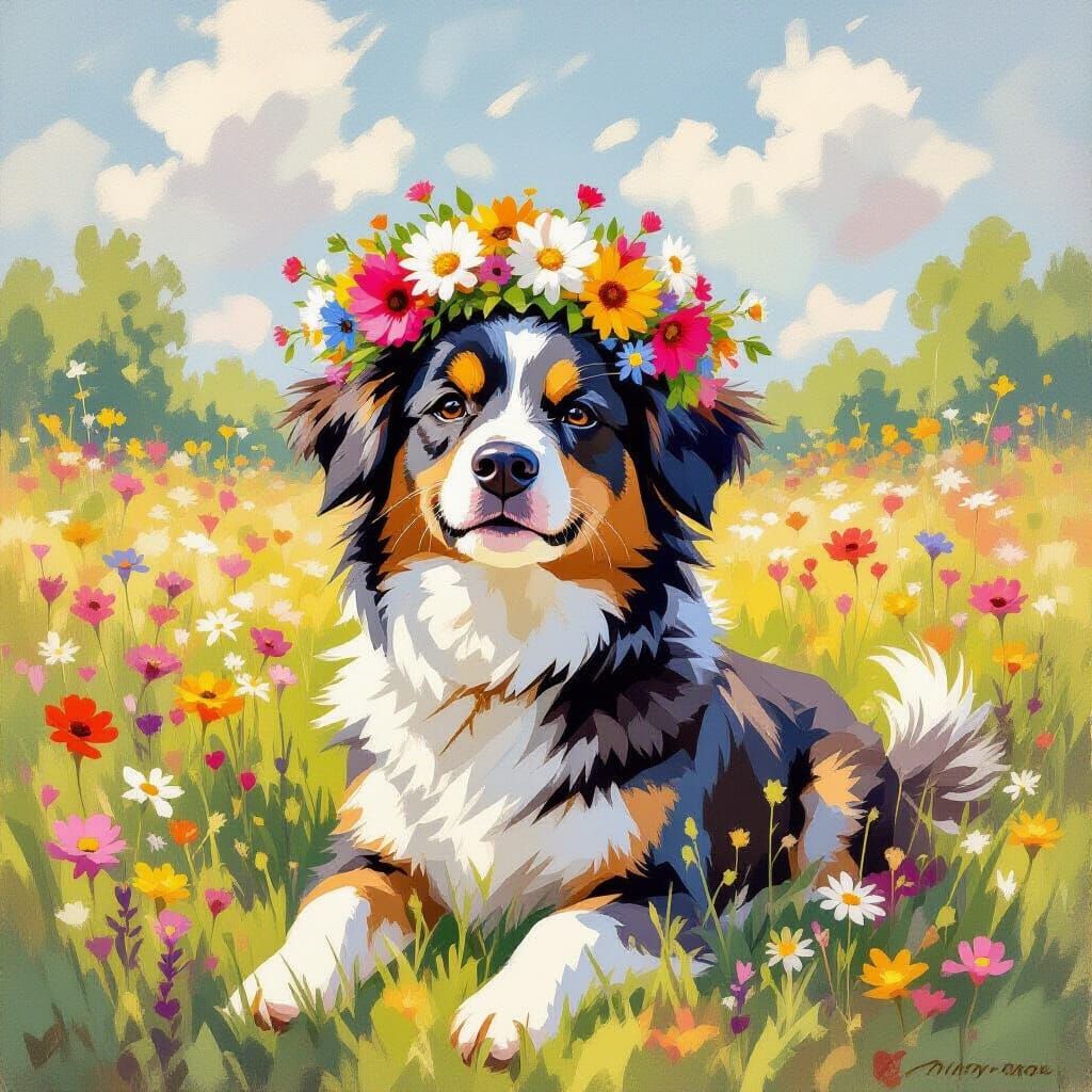 Whimsical Dog in Wildflower Crown in Sun-Dappled Meadow