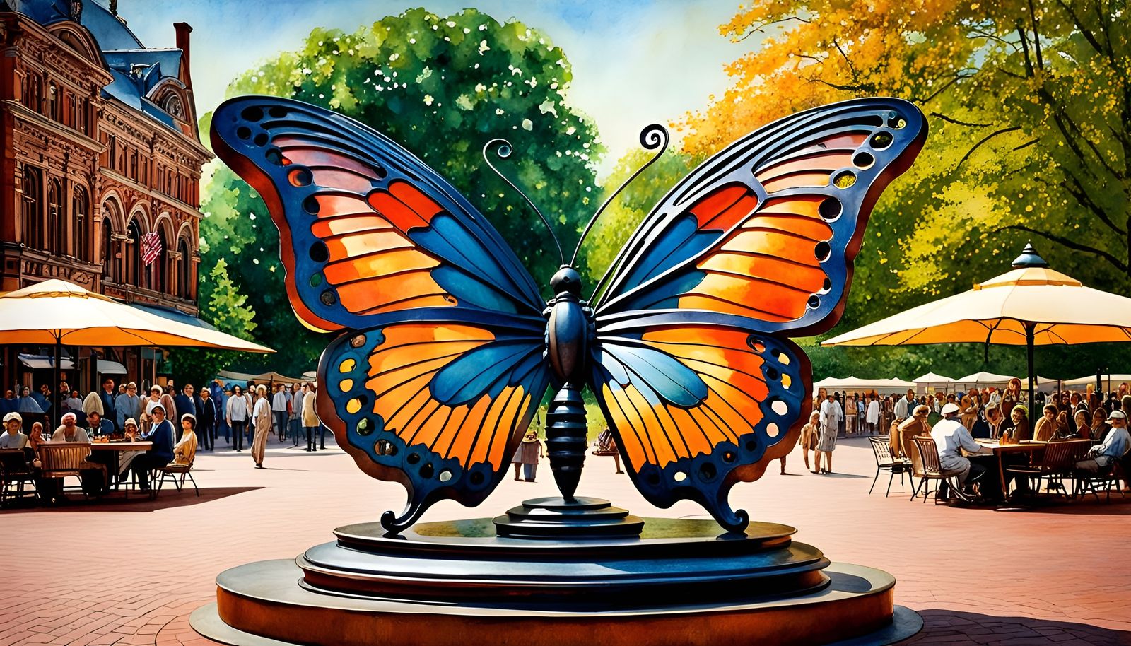 Intricate Iron Butterfly Sculpture in Watercolor Style