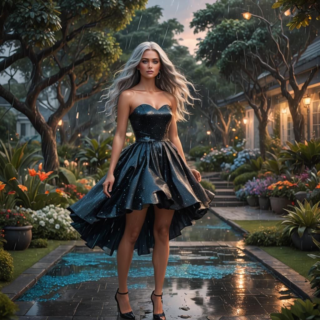 Silver-Haired Girl in Garden Rain, Digital Painting