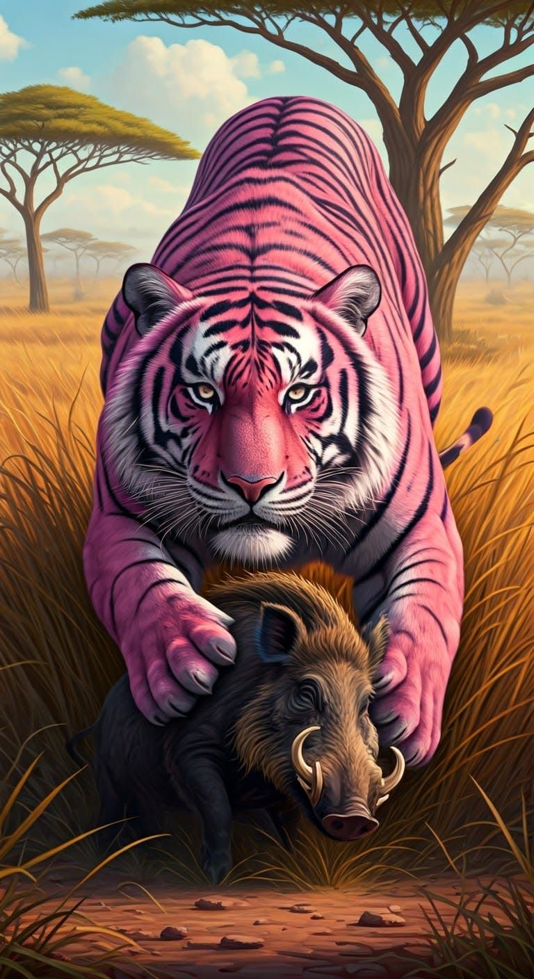 Vibrant Pink Tiger Pounces on Wild Boar in African Savannah...