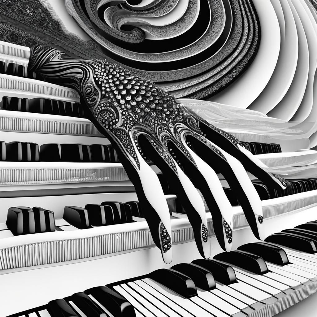 Whimsical Piano Staircase with Abstract Fractals