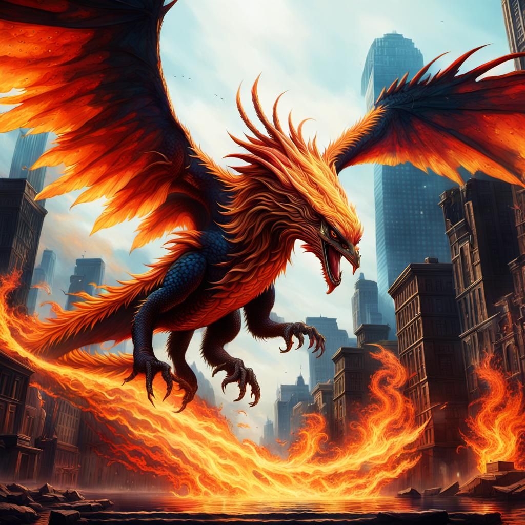 Surreal Phoenix Soars Above Burning Metropolis in Fantasy Re...