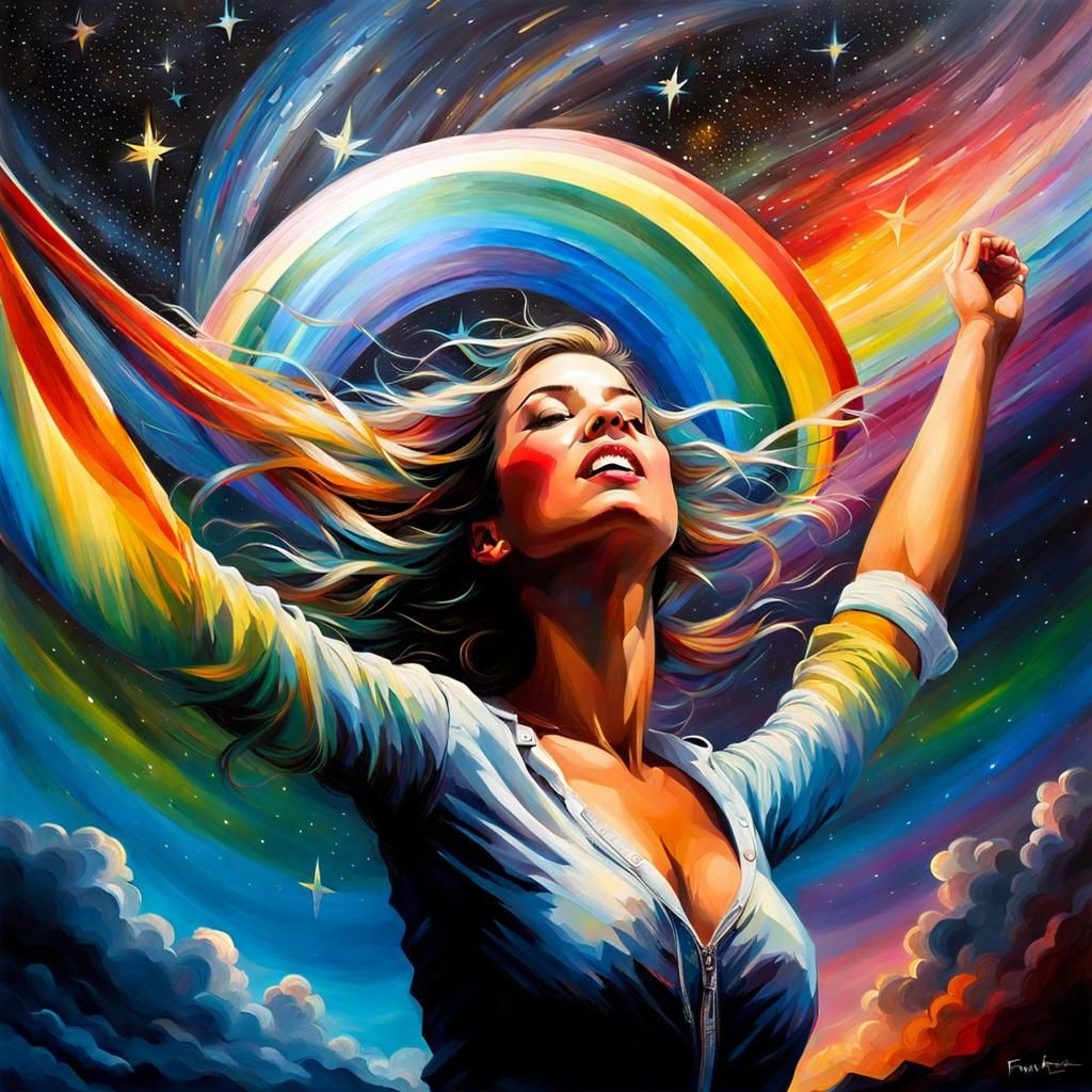 Rainbow and Starry Night Sky Oil Painting