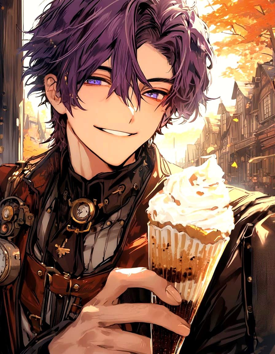 Steampunk Bishounen Delights Vanilla Ice Cream on Autumn Roo...