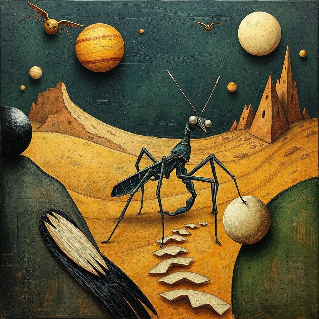 Surreal Mantis in Shifting Sands, Mixed Media Art