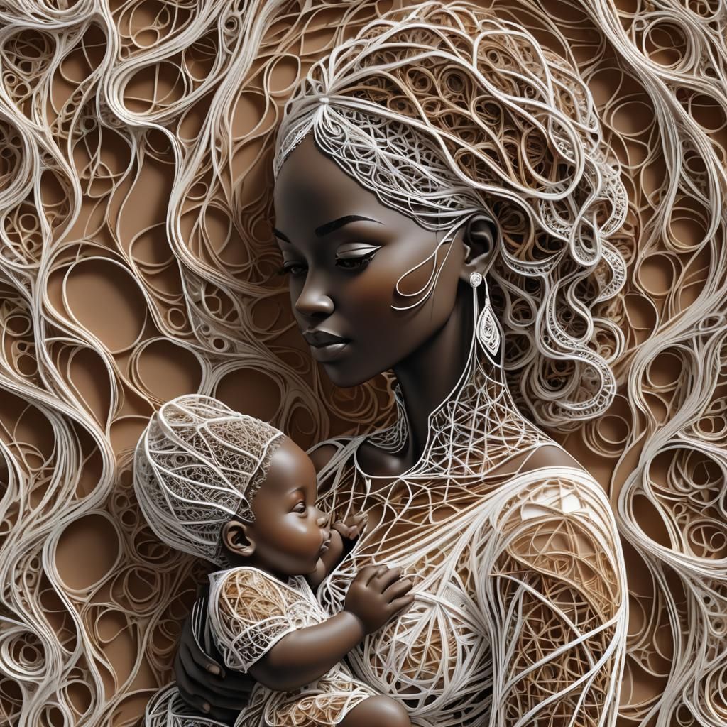 3D Sculpture: Black Woman and Baby in String Art