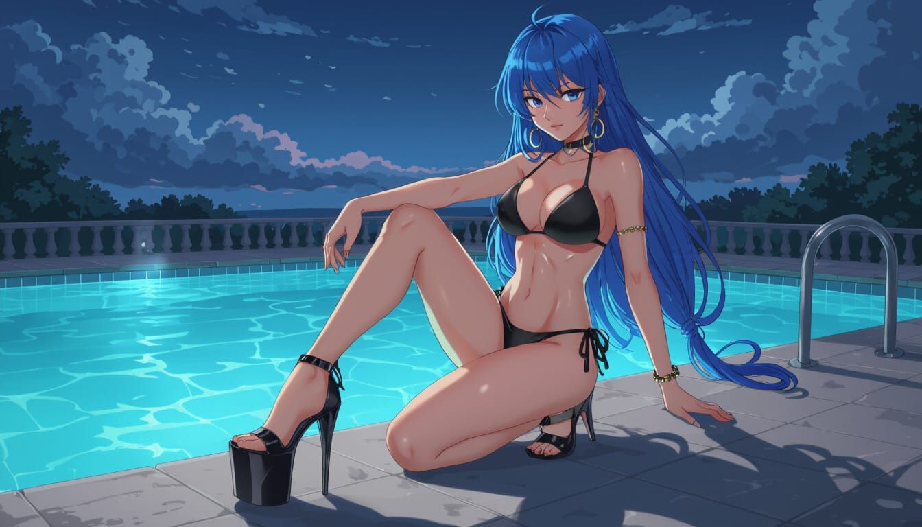 Anime Woman Poses by Pool in Gothic Style