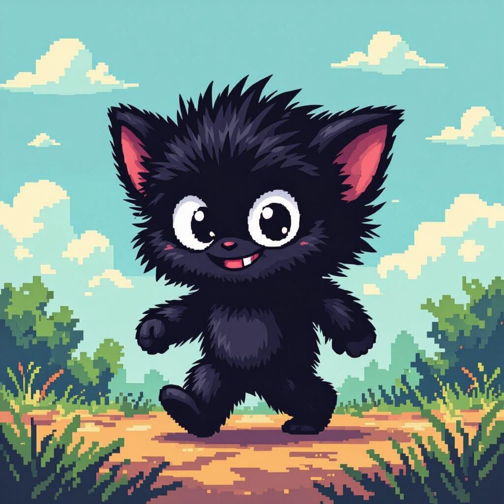 8-Bit Gremlin in Retro Pixelated Landscape