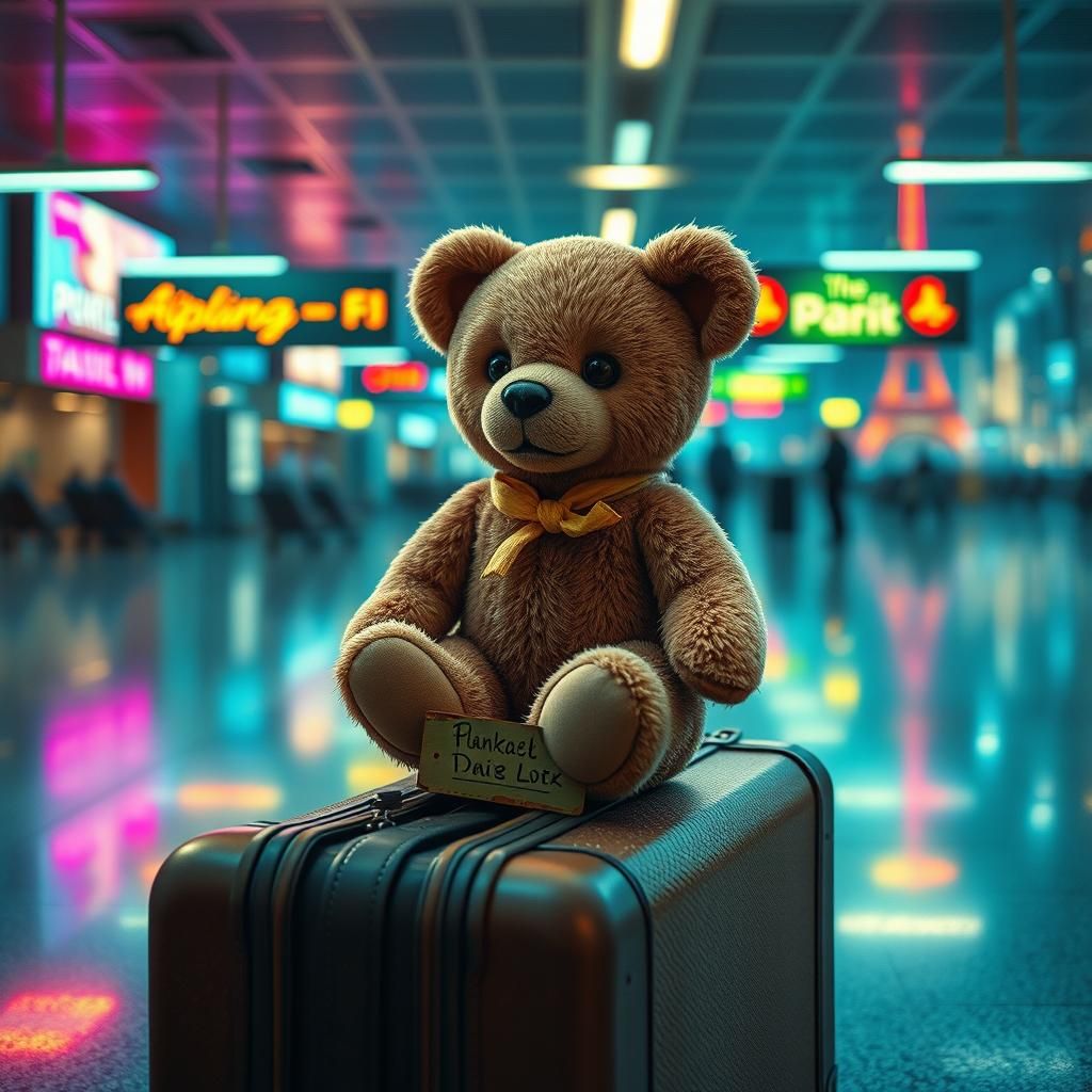 Melancholic Teddy Bear in Neon Airport: Pop Art Style