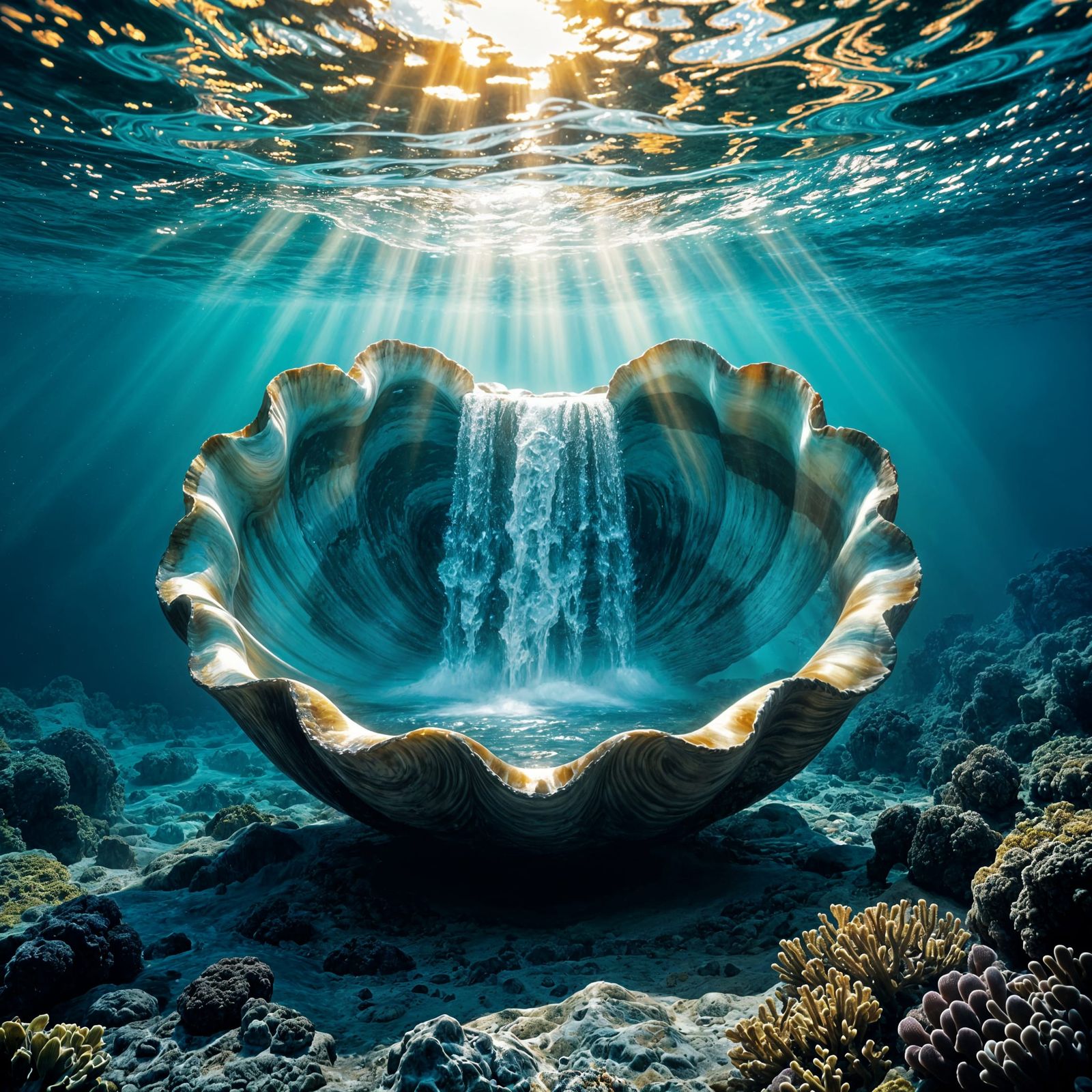 Underwater Waterfall in Giant Clam Shell