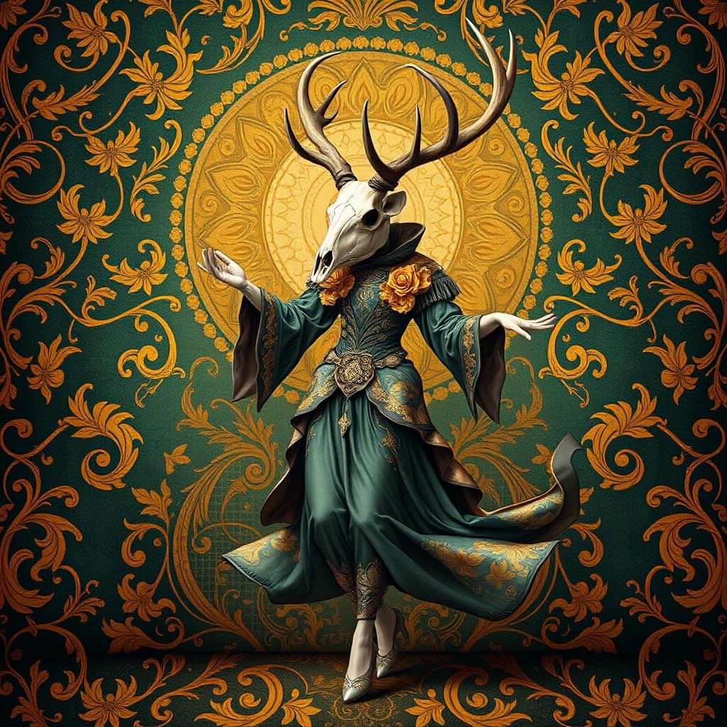 Elegant Humanoid Figure Dances Amidst Opulent Decorative Art...