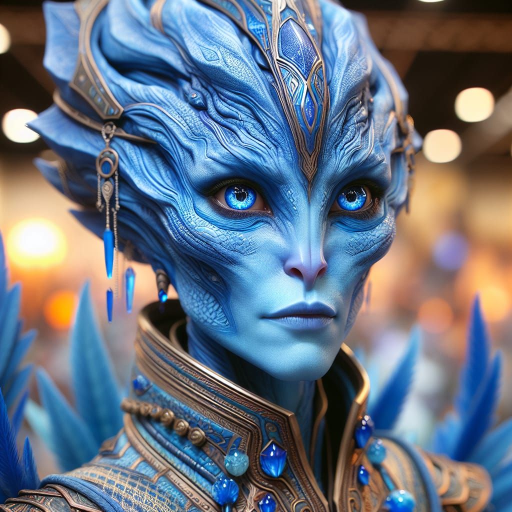 Photorealistic Blue Alien Warrior with Resonant Geometries