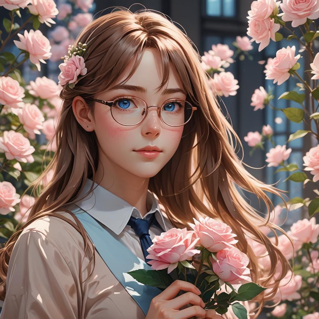 Anime Woman with Rose in 3D Style