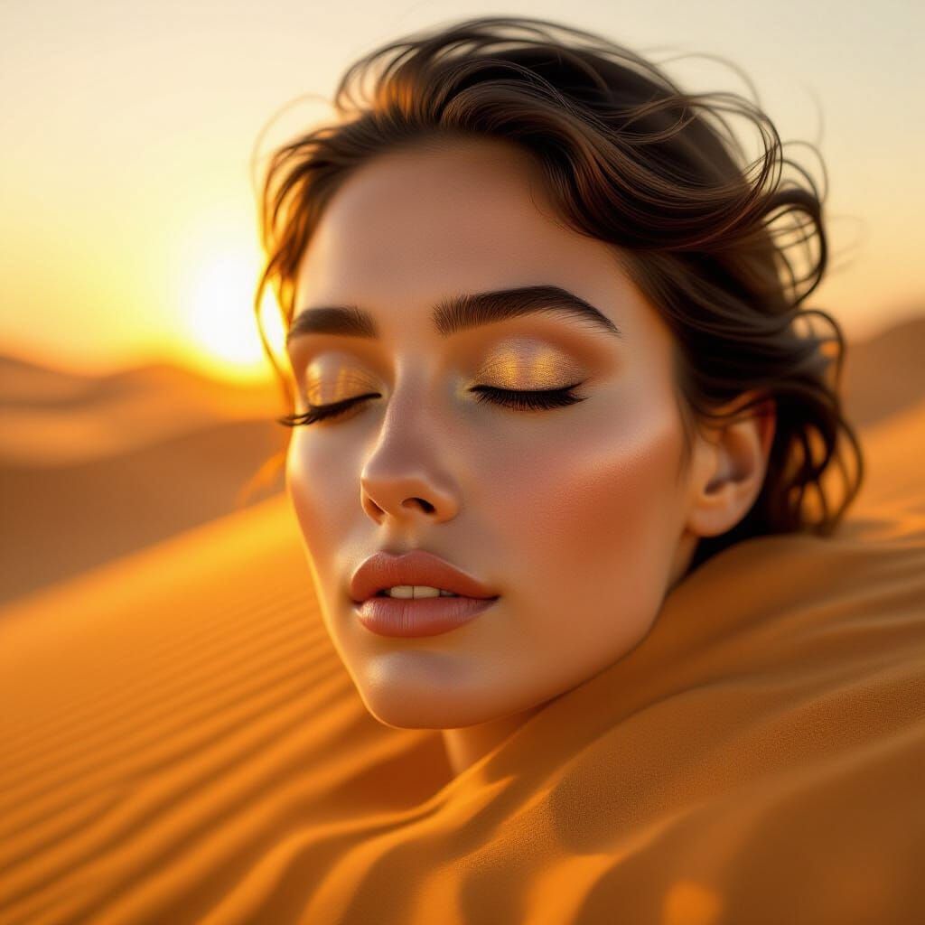 Surreal Woman Face Merged with Desert Sand
