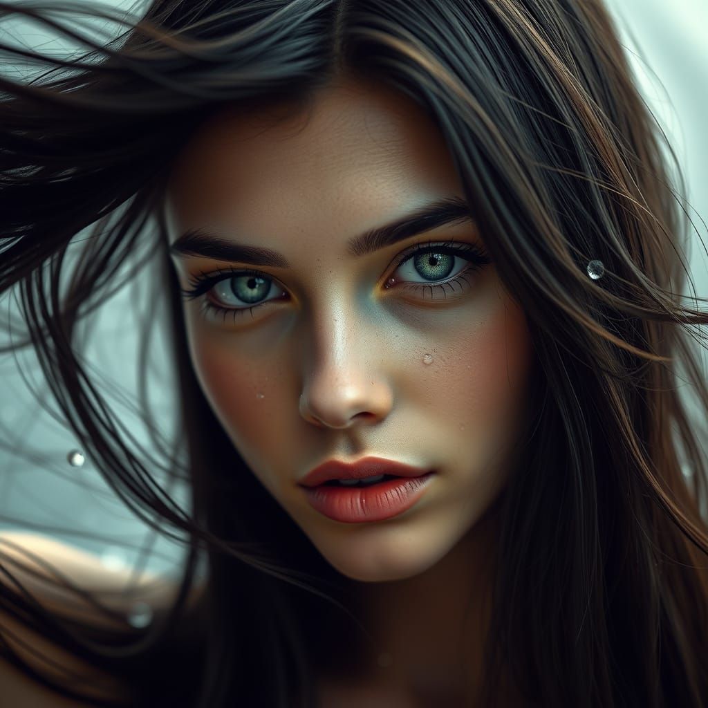 Hyperrealistic Portrait of Woman with Water Droplets