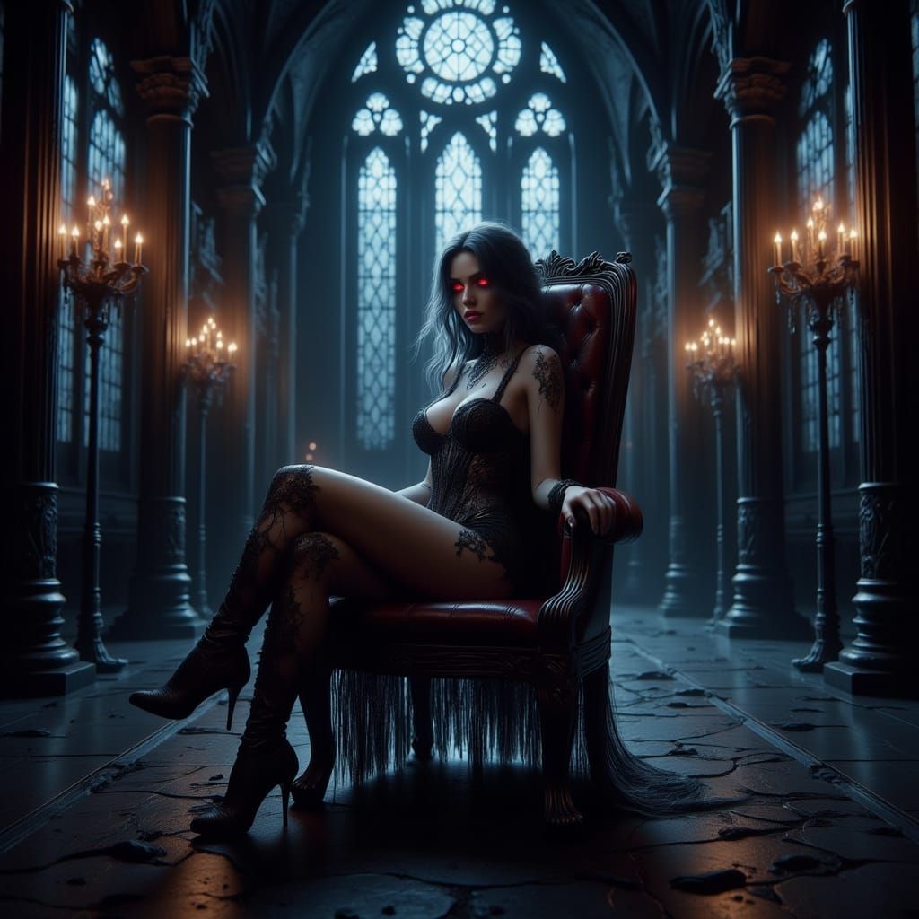 Seductive Gothic Queen in Grand Castle Chamber
