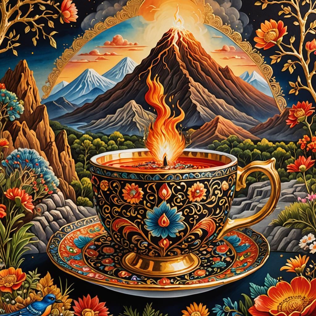 Volcano Eruption in Ornate Teacup, Indian Miniature Art
