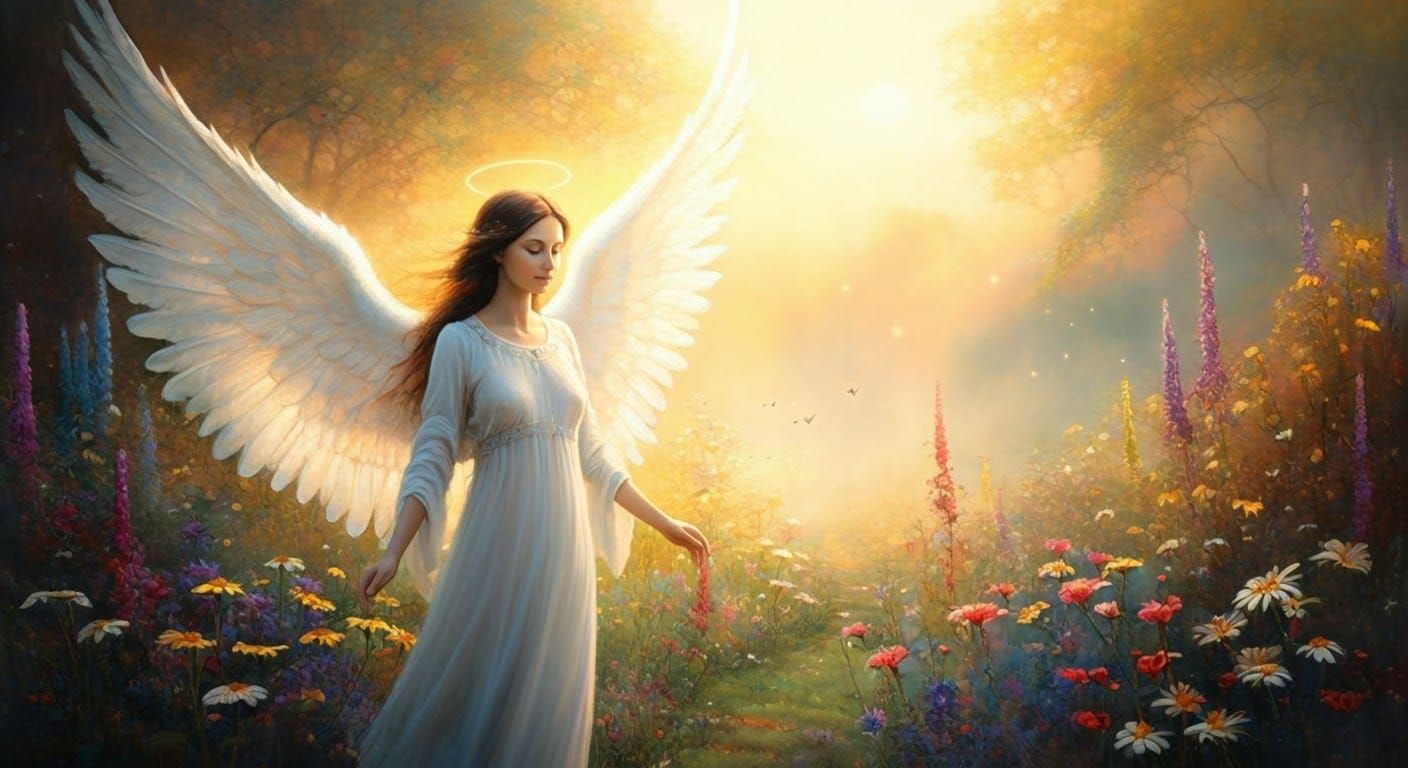 Serene Angel in Golden Garden, Ethereal Digital Art