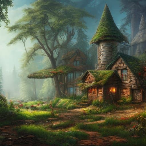 Whimsical Fantasy Village Amidst an Enchanted Forest