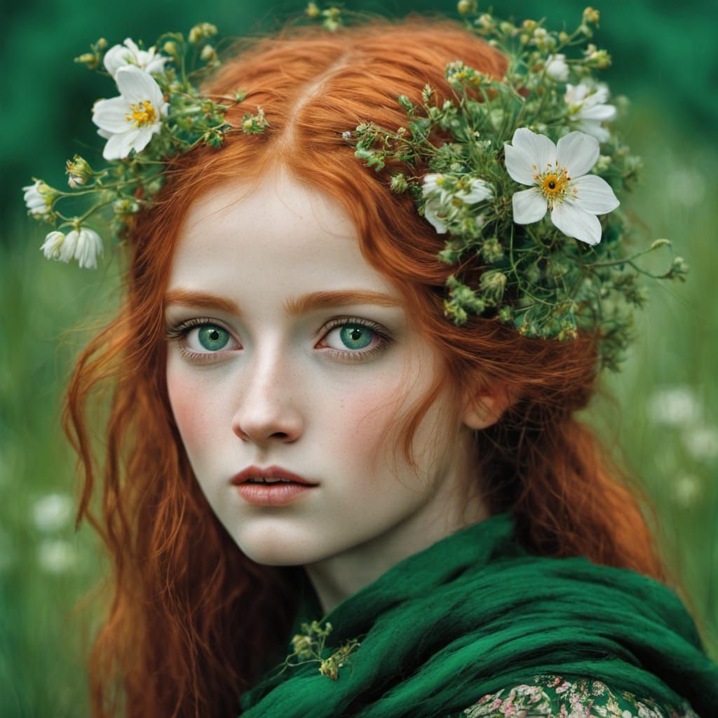 Vibrant Portrait of a Girl Among Wildflowers in Whimsical St...