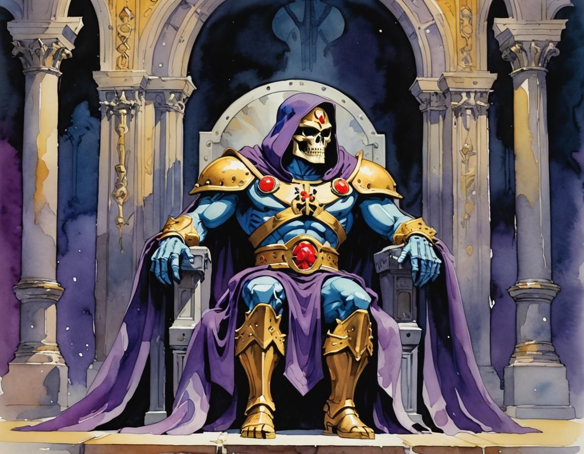 Skeletor in throne room, full body portrait watercolor style...