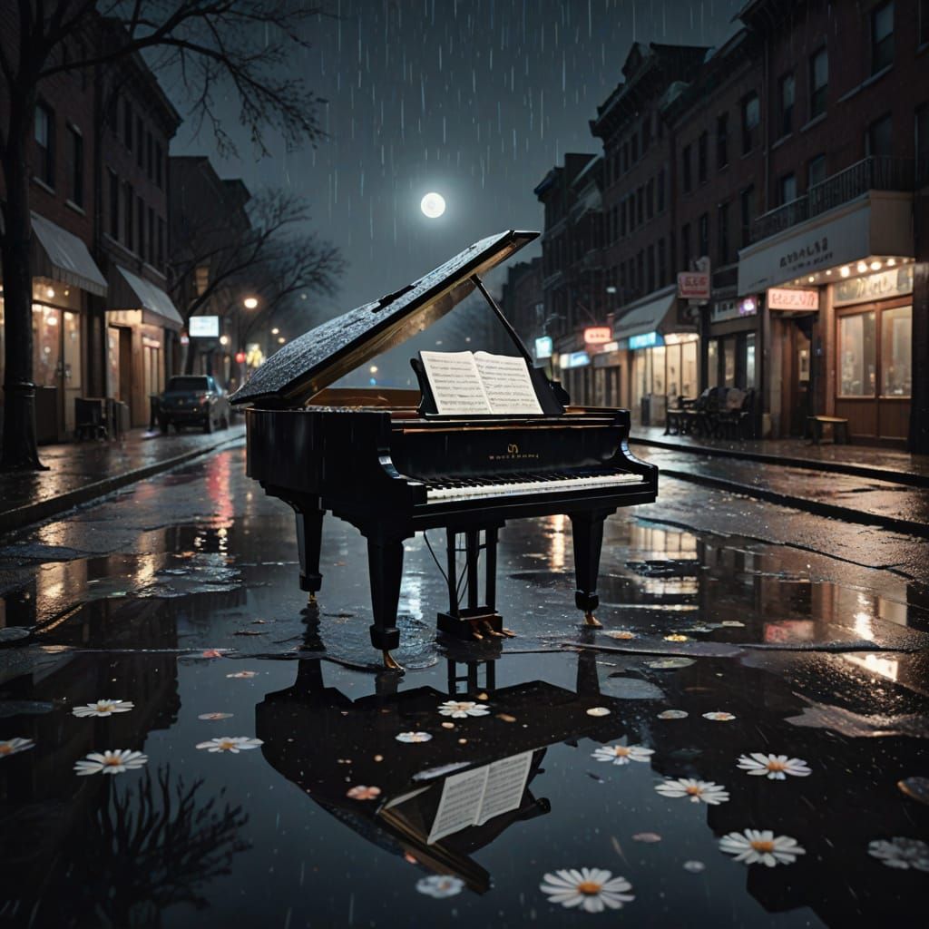 Moonlit Piano Serenade in a Flooded Street