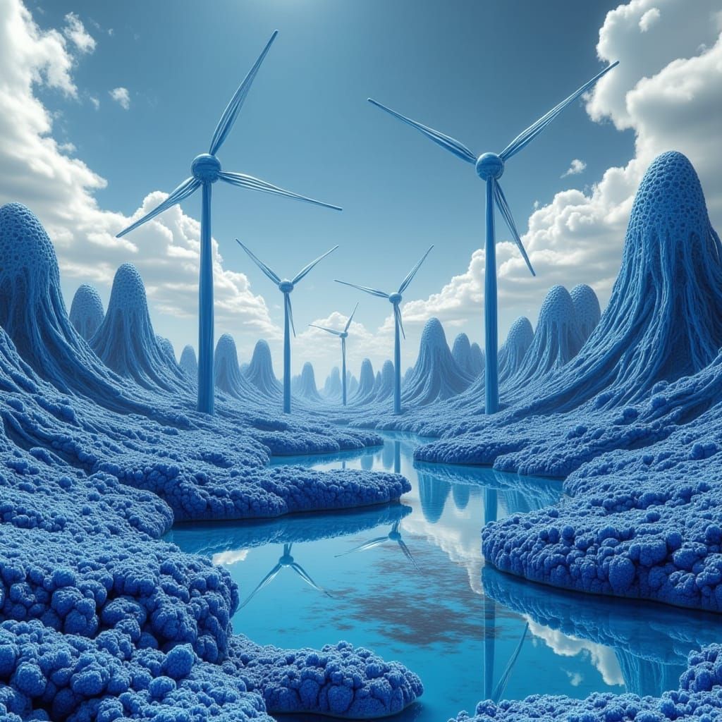 Glitchy Blue Landscape with Wind Turbines in Frutiger Aero S...