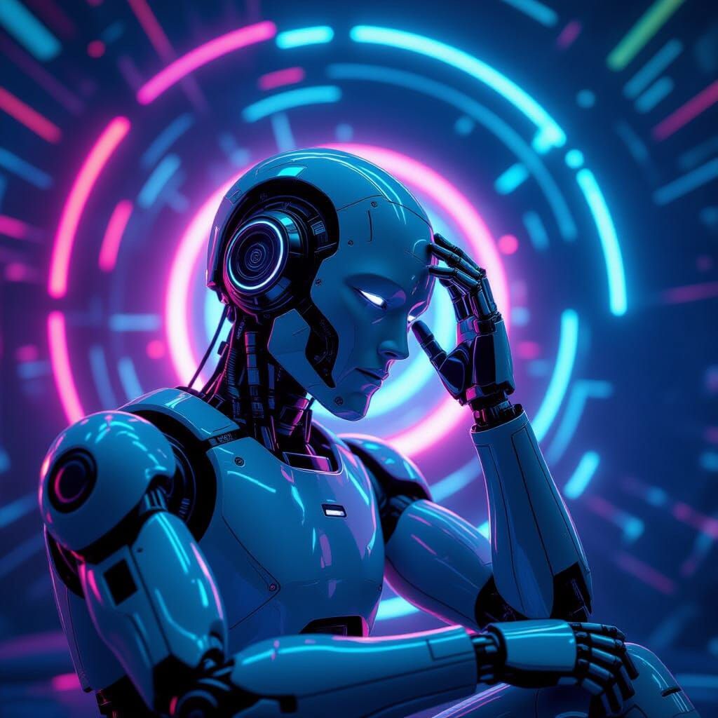 Robot Deep in Thought in a Neon Landscape