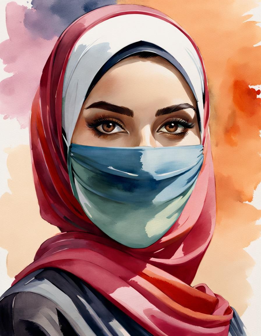 Beautiful Hijabi Woman Portrait in Watercolor Style