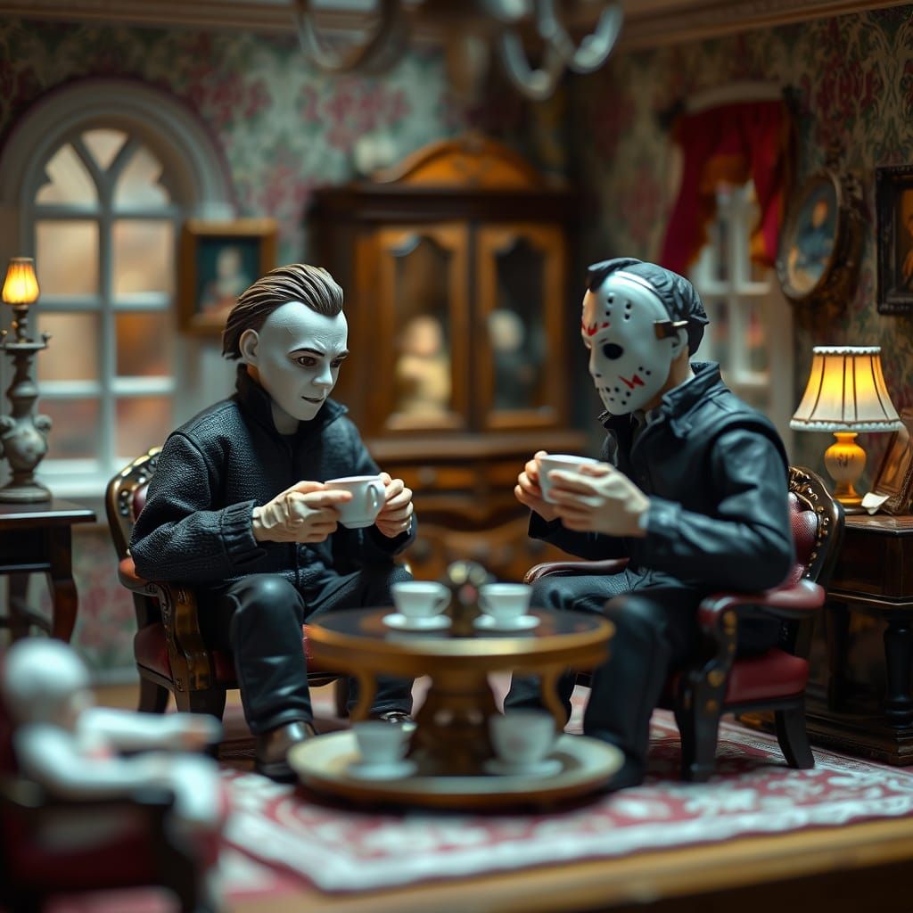 Hyperrealistic Film Still: Myers and Voorhees Tea Party