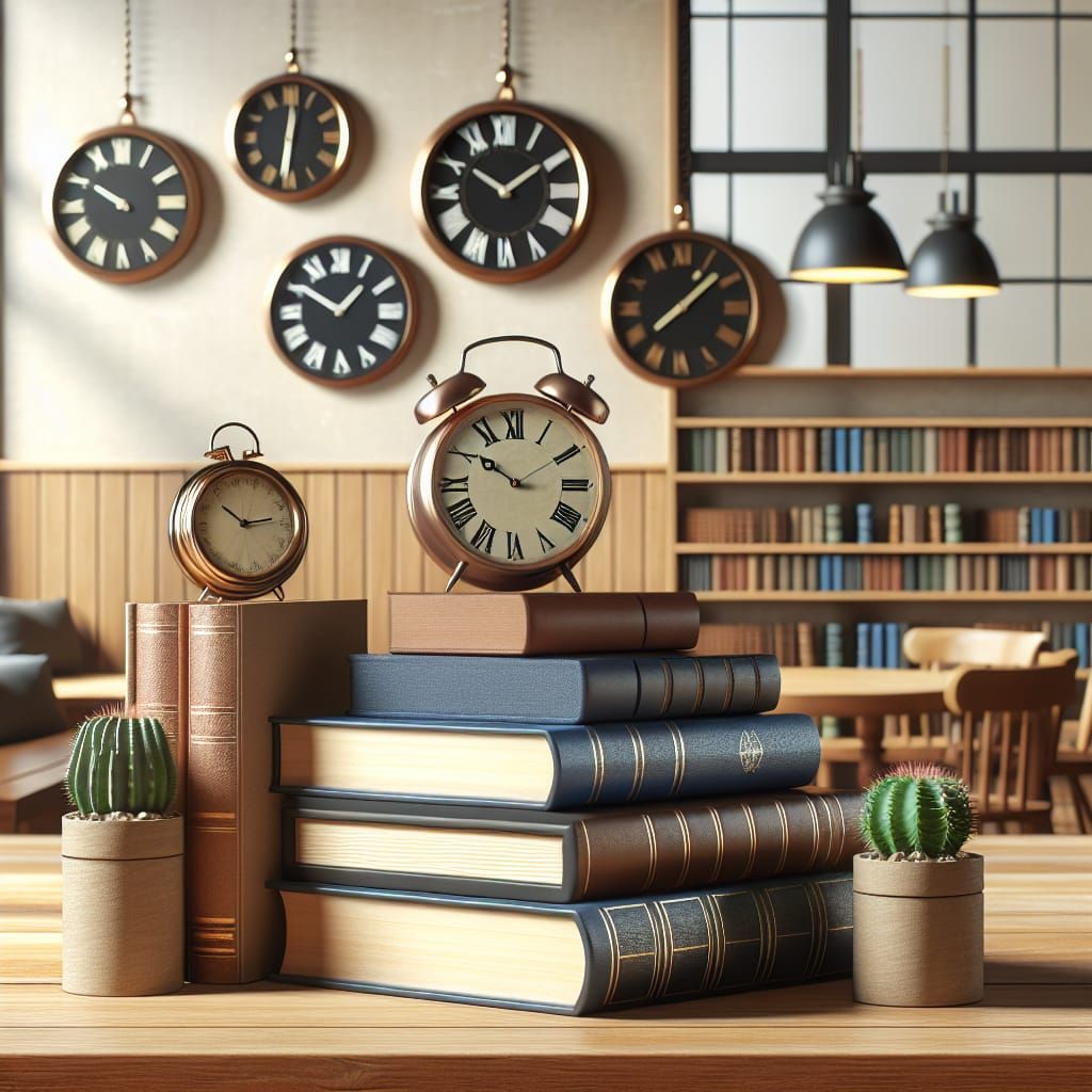Books and Clocks in Library Setting