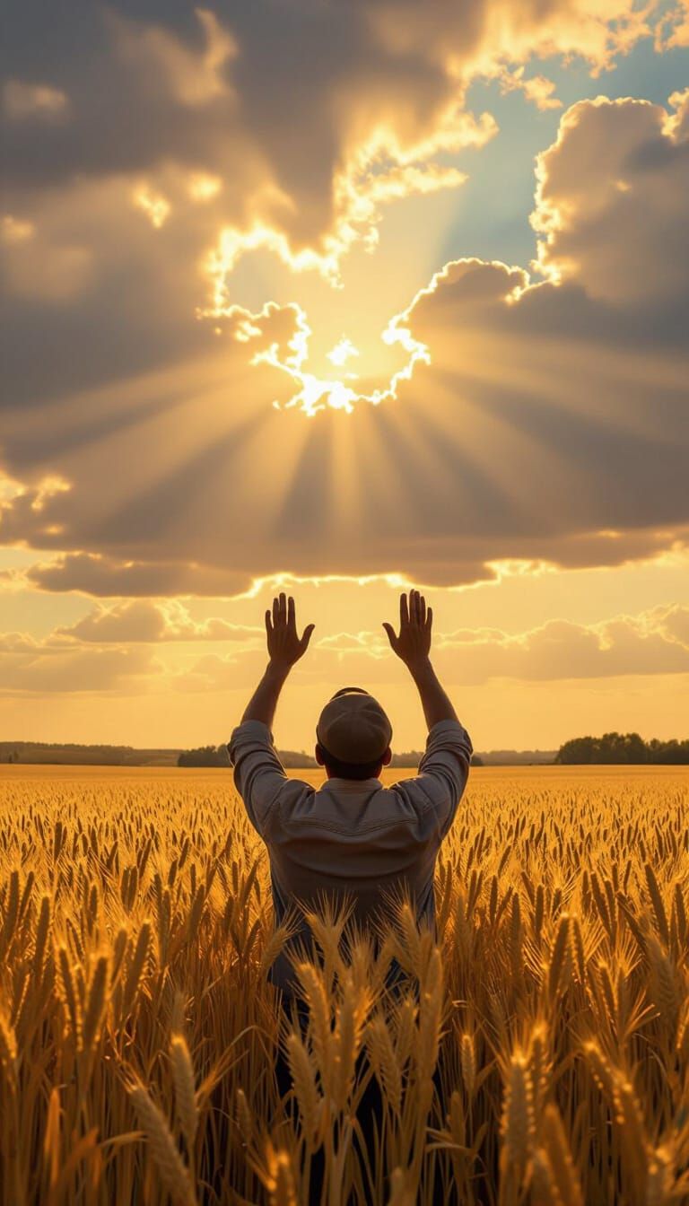 Farmer in Golden Field in Prayer, Ethereal Sunlight