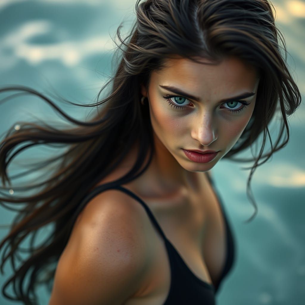 Stunning Woman with Flowing Hair in Hyperrealistic Style