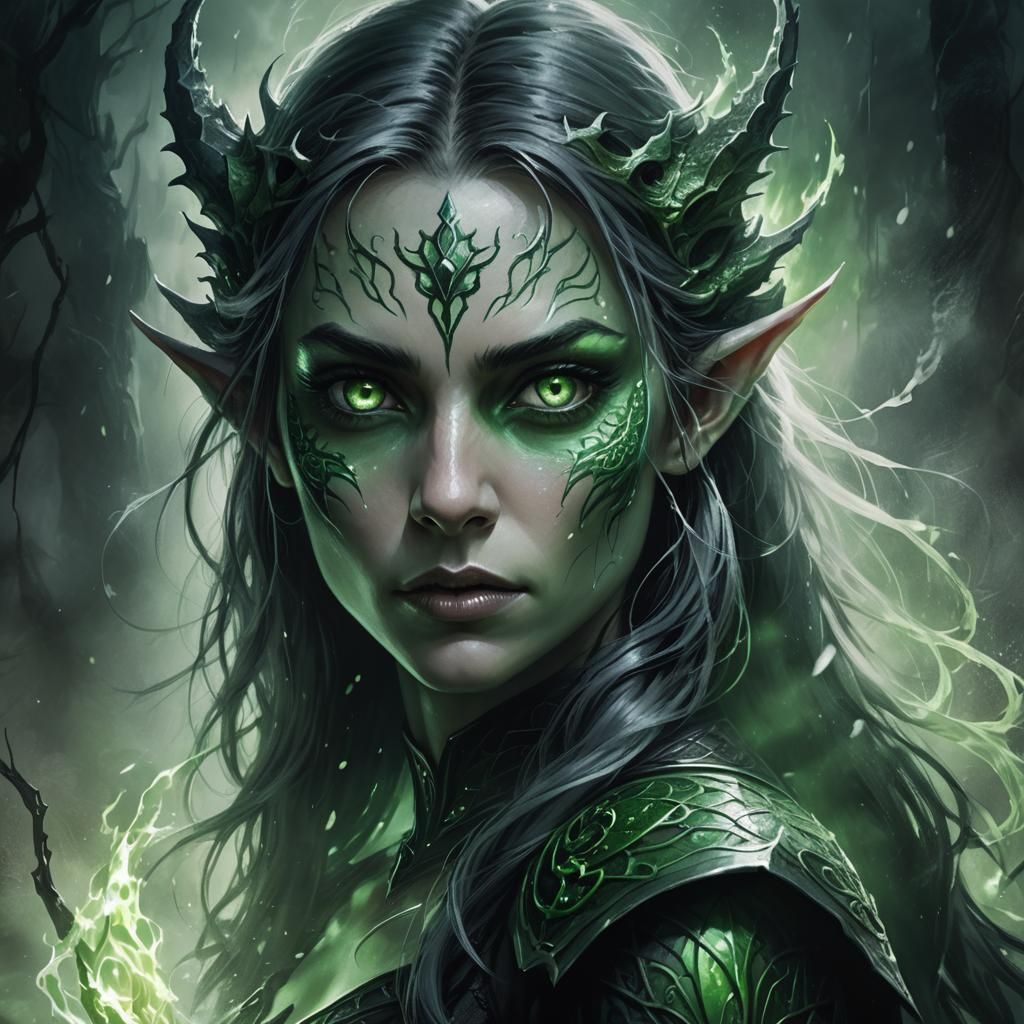 Evil half elven half dragon woman with glowing green eyes