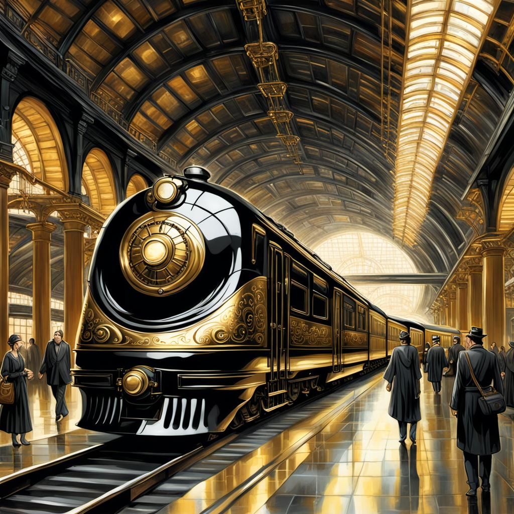 Opulent Black and Gold Train in Noir Cyberpunk City