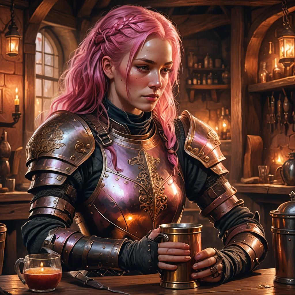 Medieval Inn Woman with Pink Hair: Fantasy Illustration