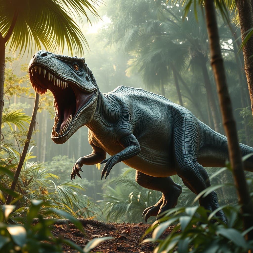 Trex contra un Spinosaurus en medio de la jungla.
