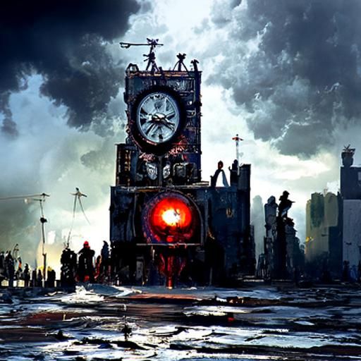 Sinister Clock in Dystopian Panorama by Rutkowski