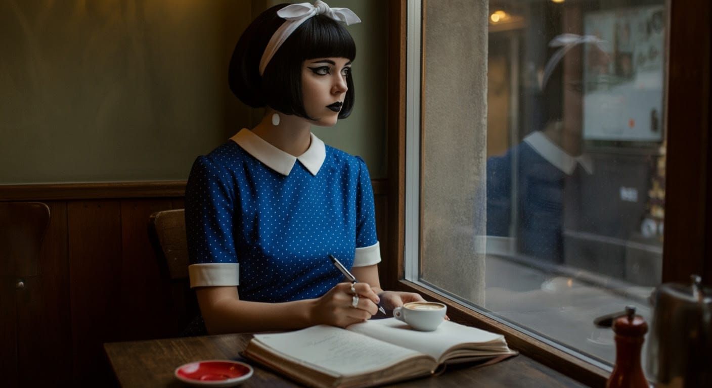 Vintage Mod Girl in Charming Cafe, 1960s Style