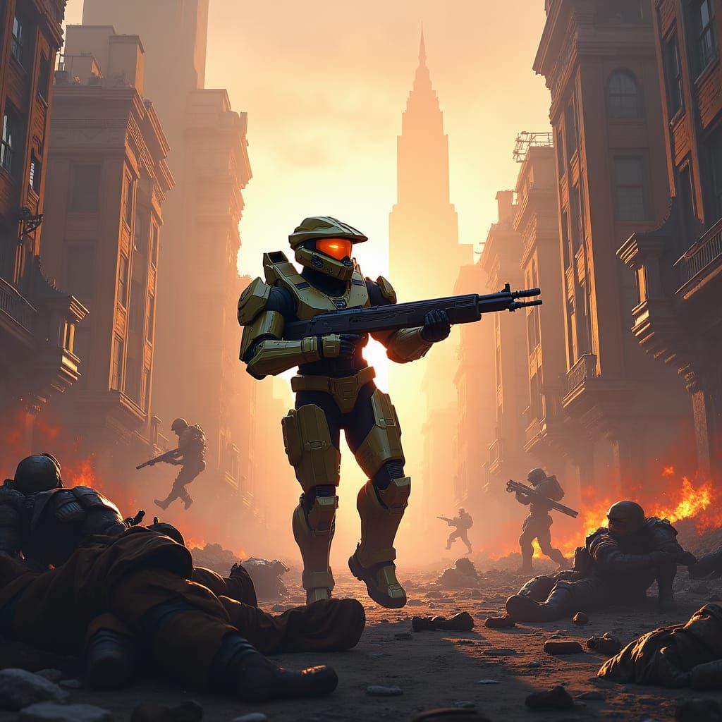Master Chief Battles Covenant in War-Torn Cityscape