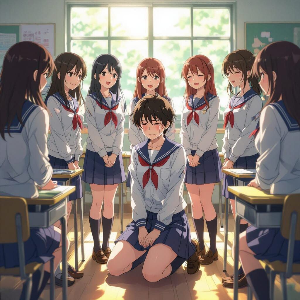 Crying Schoolboy Surrounded by Laughing Women in Anime Style