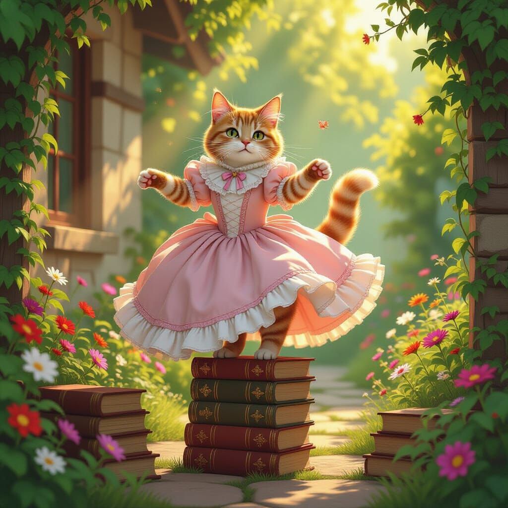 Cat in Victorian Dress Balances on Books in Garden