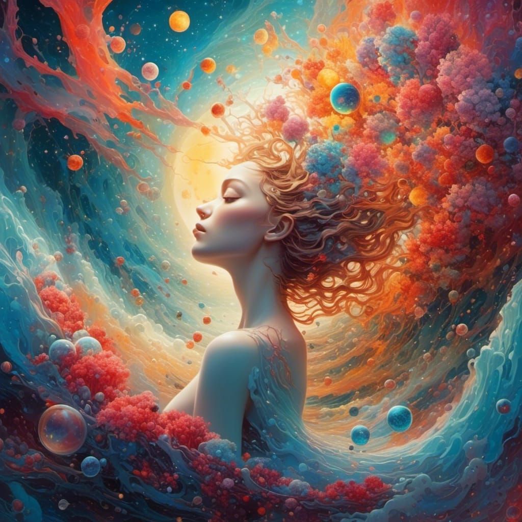 Surreal Architectural Waves with Planets and Woman