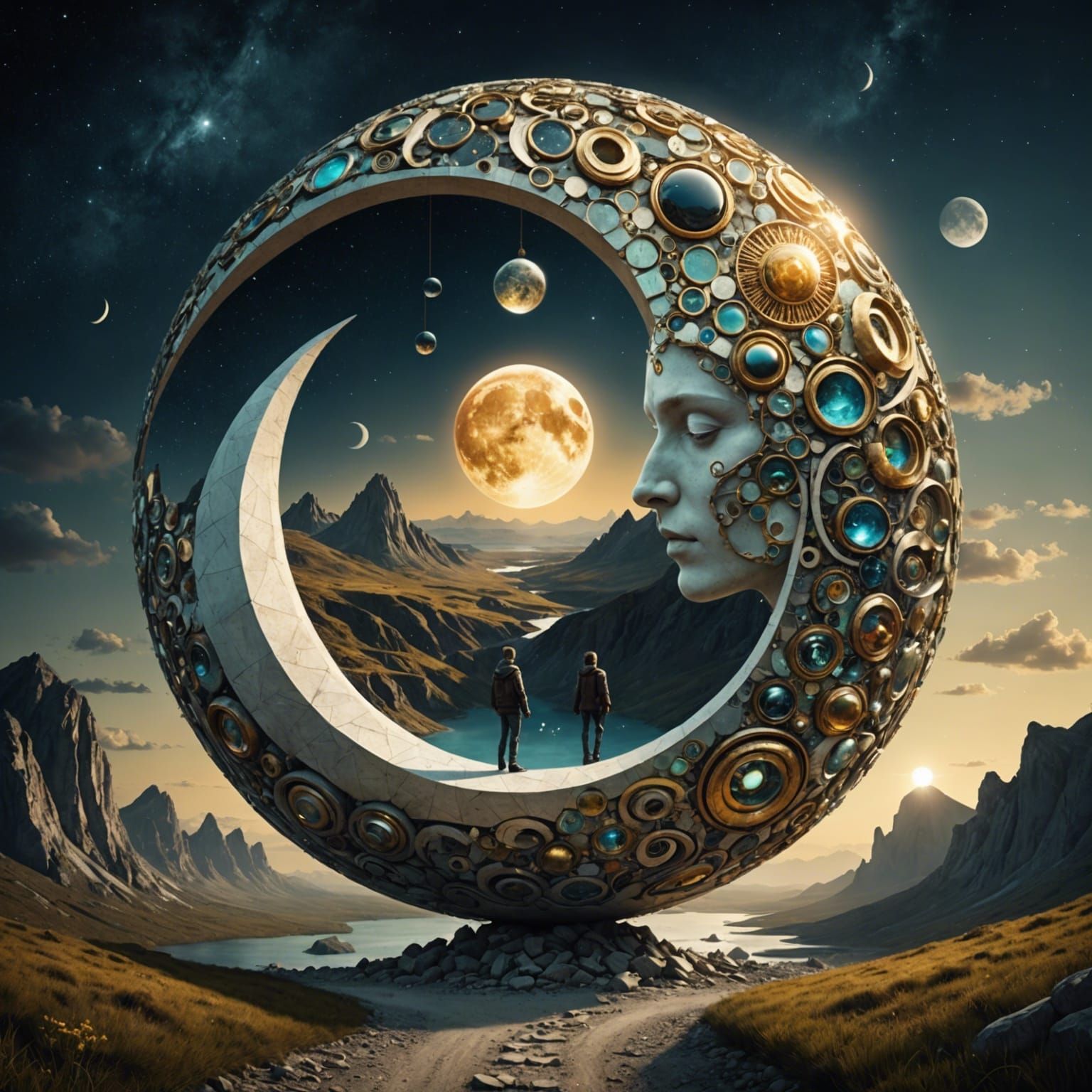 Mosaic Yin Yang Hourglass in Sci-Fi Landscape