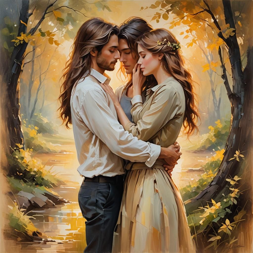 Romantic Embrace in Golden Light: An Impressionistic Oil Pai...